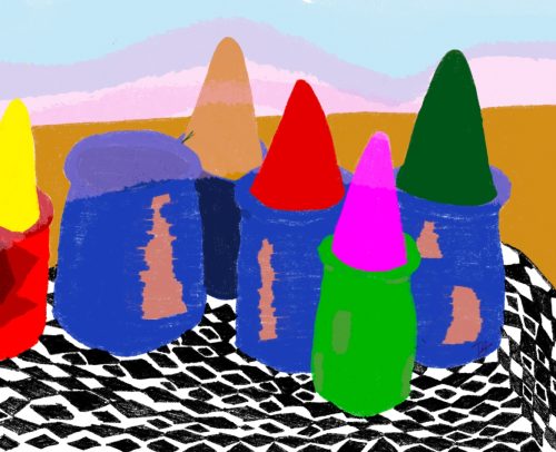 Des contenants d’épices colorées, typique du Maroc, sont disposés avec soin. L’œuvre évoque la chaleur d’un foyer et les saveurs qui racontent les histoires de nos ancêtres.