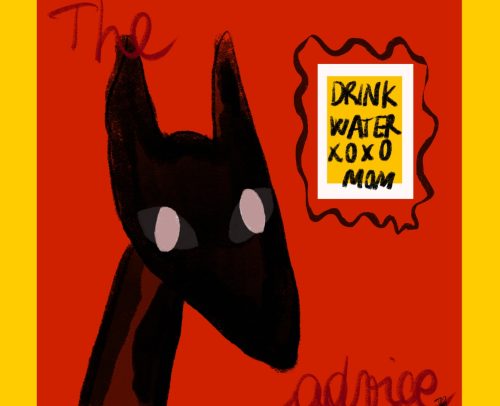 Un loup noir surgit sur un fond rouge intense. On peut t’apercevoir sur le mur une note. L’œuvre porte un conseil maternel clair : boire de l’eau pour se préserver.