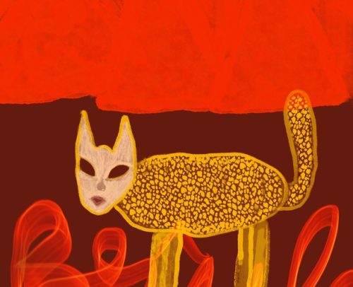 Dans un feu de terre chaude, l’ocre et le rouge s’enlacent, révélant une colère ardente. Un chat portant un masque humain, énigmatique et secret , porte le feu intérieur que l’oeuvre nomme: brûle.