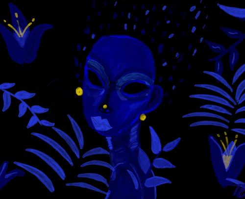 Une femme bleue entourée de plantes aux même nuances baigne dans une lumière douce et appaisante. Le bleu vibrant de l’oeuvre appelle au calme et à la sérénité là où l’espoir s’élève.