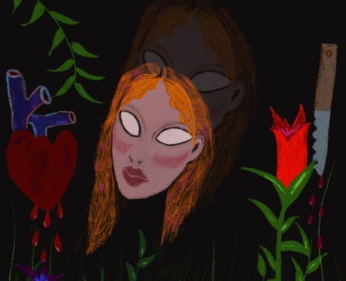 Un visage dédoublé, fragmenté et un cœur saignant murmurent la violence et le trouble d’une identité fracturée. L’oeuvre saisit la douleur d’un être déchiré cherchant un sens dans le chaos intérieur.