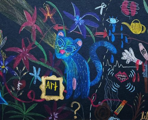 Dans un mélange de souvenirs forts et colorés, le tigre a le regard tourné vers le soleil. Les souvenirs derrière et l’avenir devant, des fleurs l’on s’émerveille.