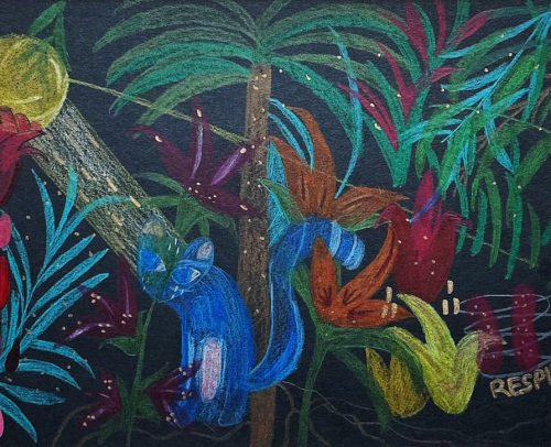 Au milieu d’une forêt luxuriante et magique, le tigre se plaît au rêve onirique. En regardant le soleil flamboyant et le cœur qui pleure, rouge sang.