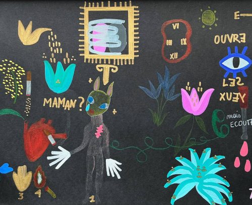 Les souvenirs de l’artiste s’infusent dans l’image, persistants comme une mémoire vive. Entouré de sa fratrie, le personnage tend les bras vers sa mère.