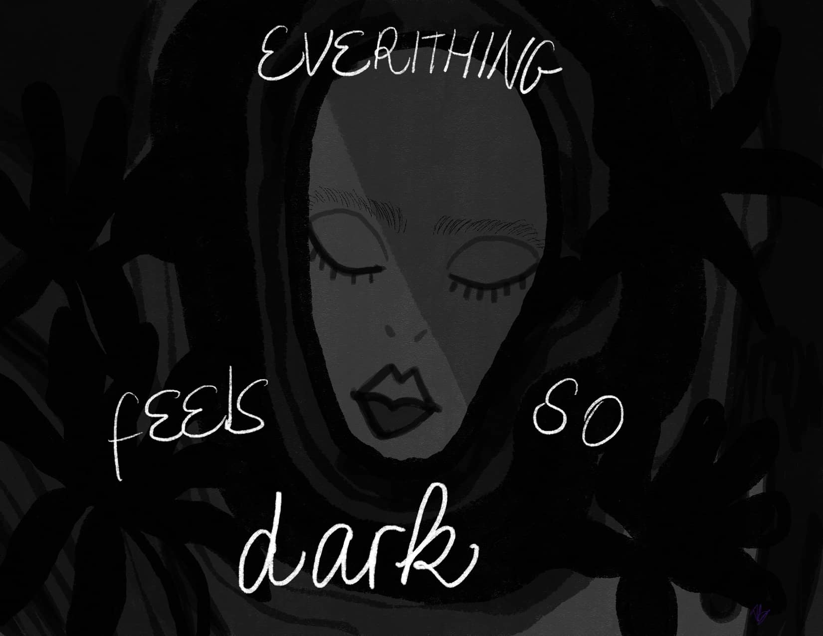 Un visage paisible flotte dans une eau noire, les yeux clos, enveloppé d’un silence profond. Dans cette obscurité, l’œuvre, mur, mur, une solitude dense, ou tout semble s’effacer doucement.